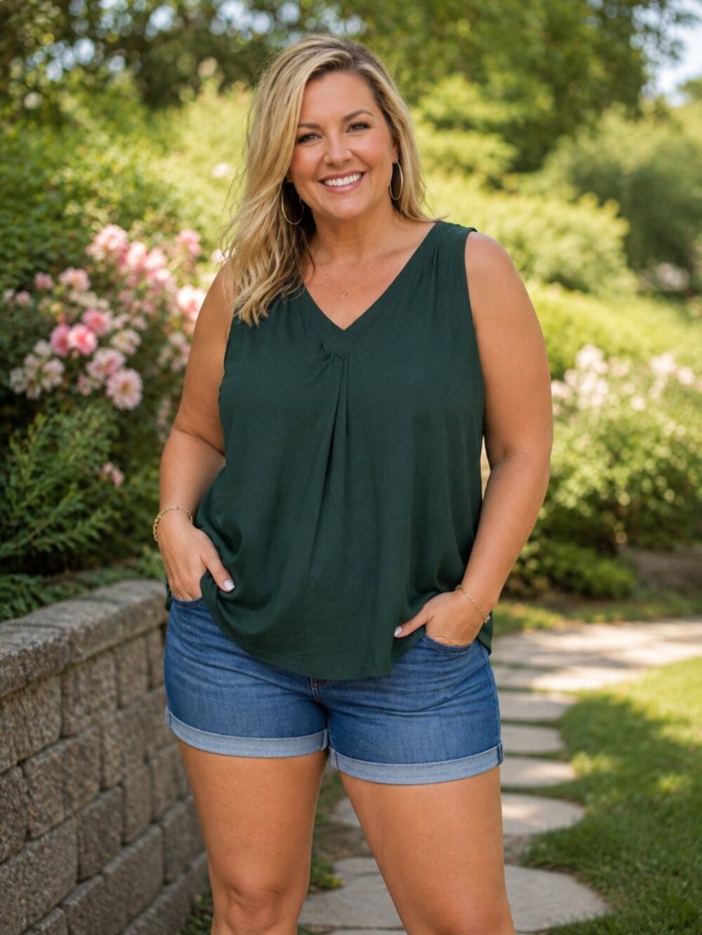 ESENCHEL Short Sleeve V-Neck Forest Green Top 2XL